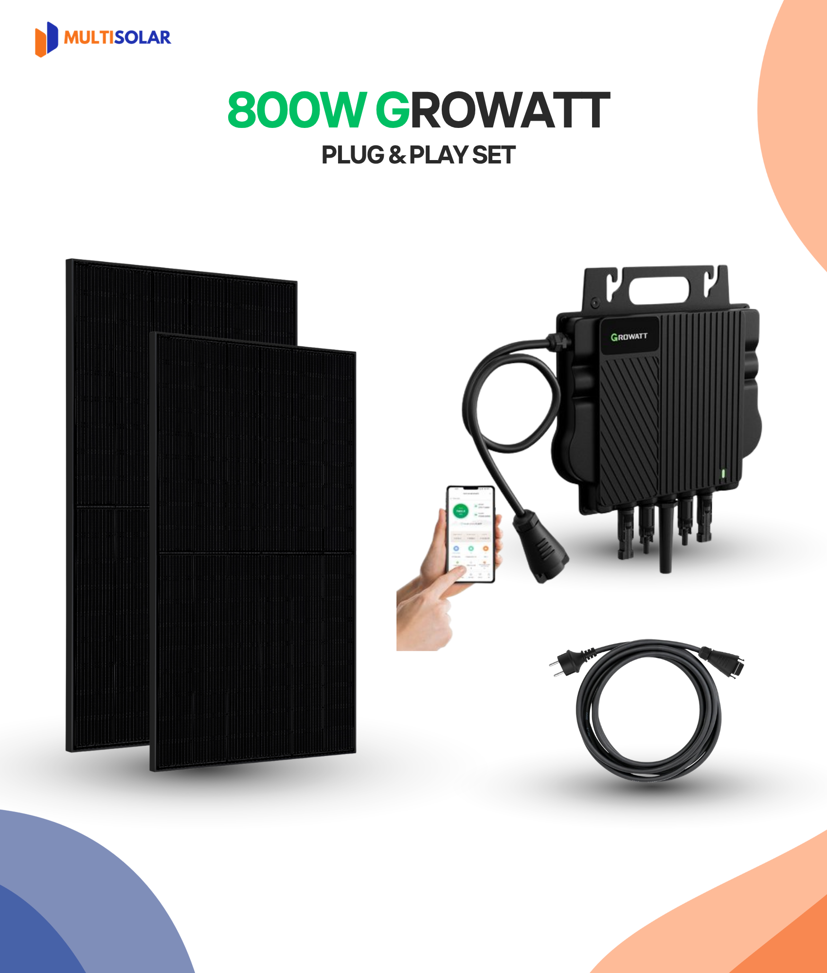 800W Plug en Play Zonnepaneel Pakket – 2 Panelen | Growatt Micro-Omvormer | Doe-het-Zelf Stopcontact
