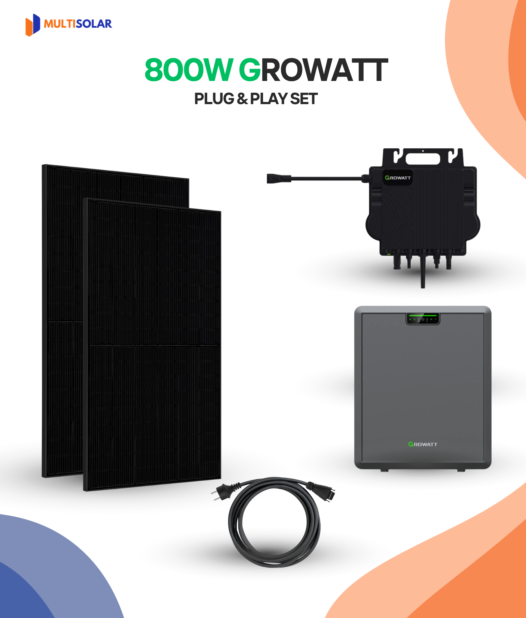 800W Plug en Play Zonnepaneel Pakket – 2 Panelen | Growatt Micro-Omvormer | Doe-het-Zelf Stopcontact