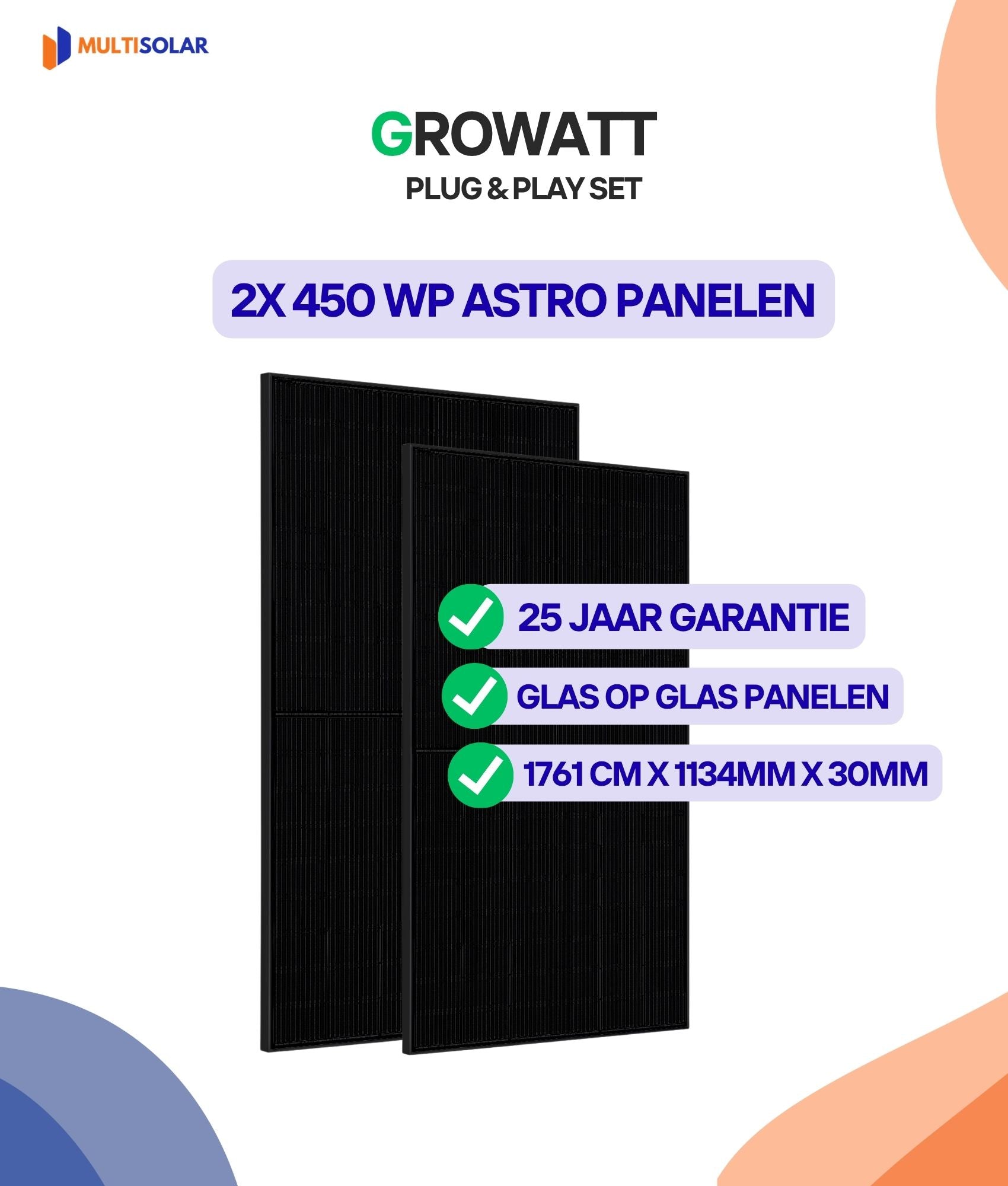 Plug en Play Growatt Zonnepaneel Pakket – 2 Panelen | JA-Solar| ASTRO | (420 of 450 Wp) Glas-Glas | Growatt Micro-Omvormer | Doe-het-Zelf Stopcontact