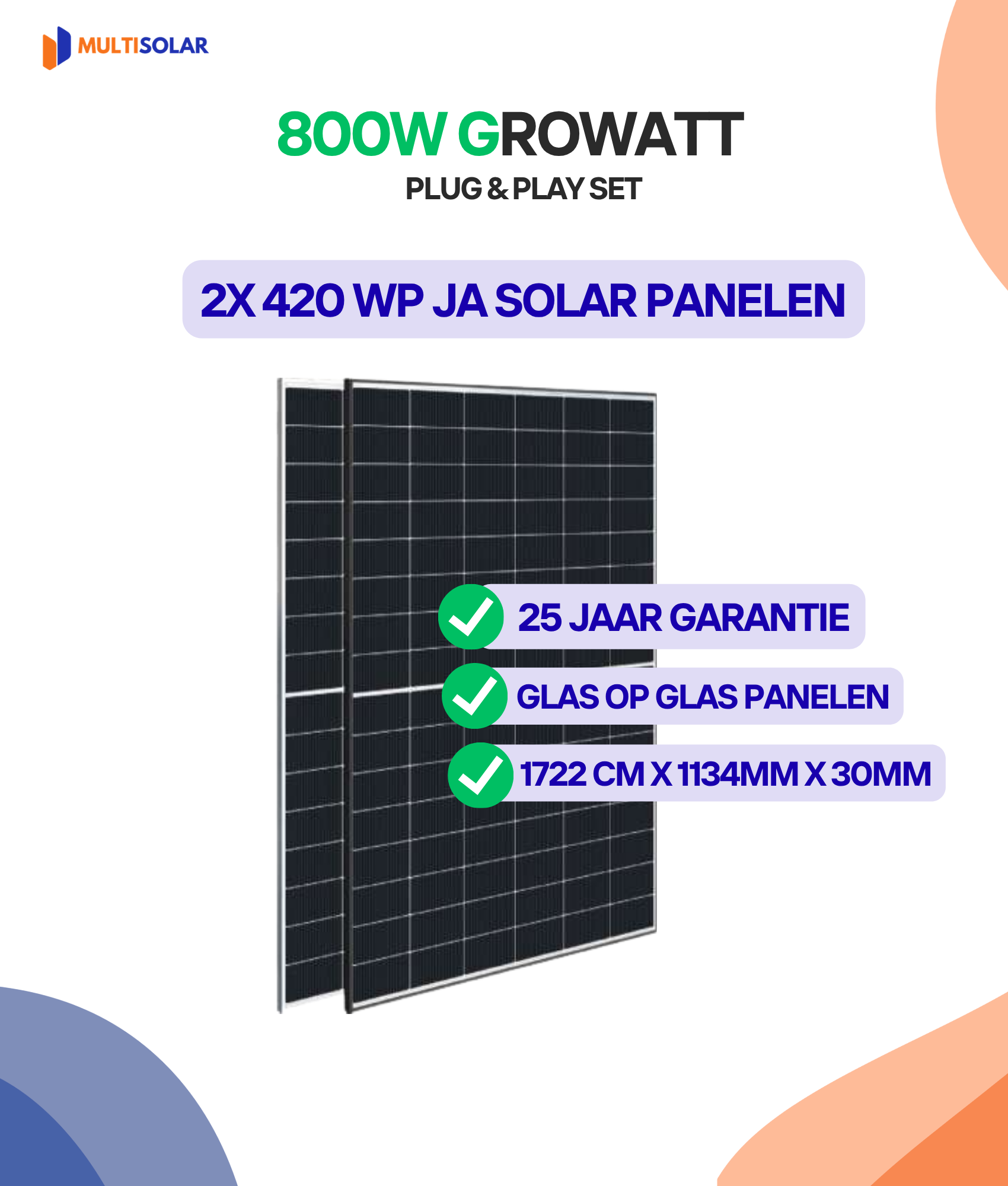 800W Plug en Play Zonnepaneel Pakket – 2 Panelen | Growatt Micro-Omvormer | Doe-het-Zelf Stopcontact