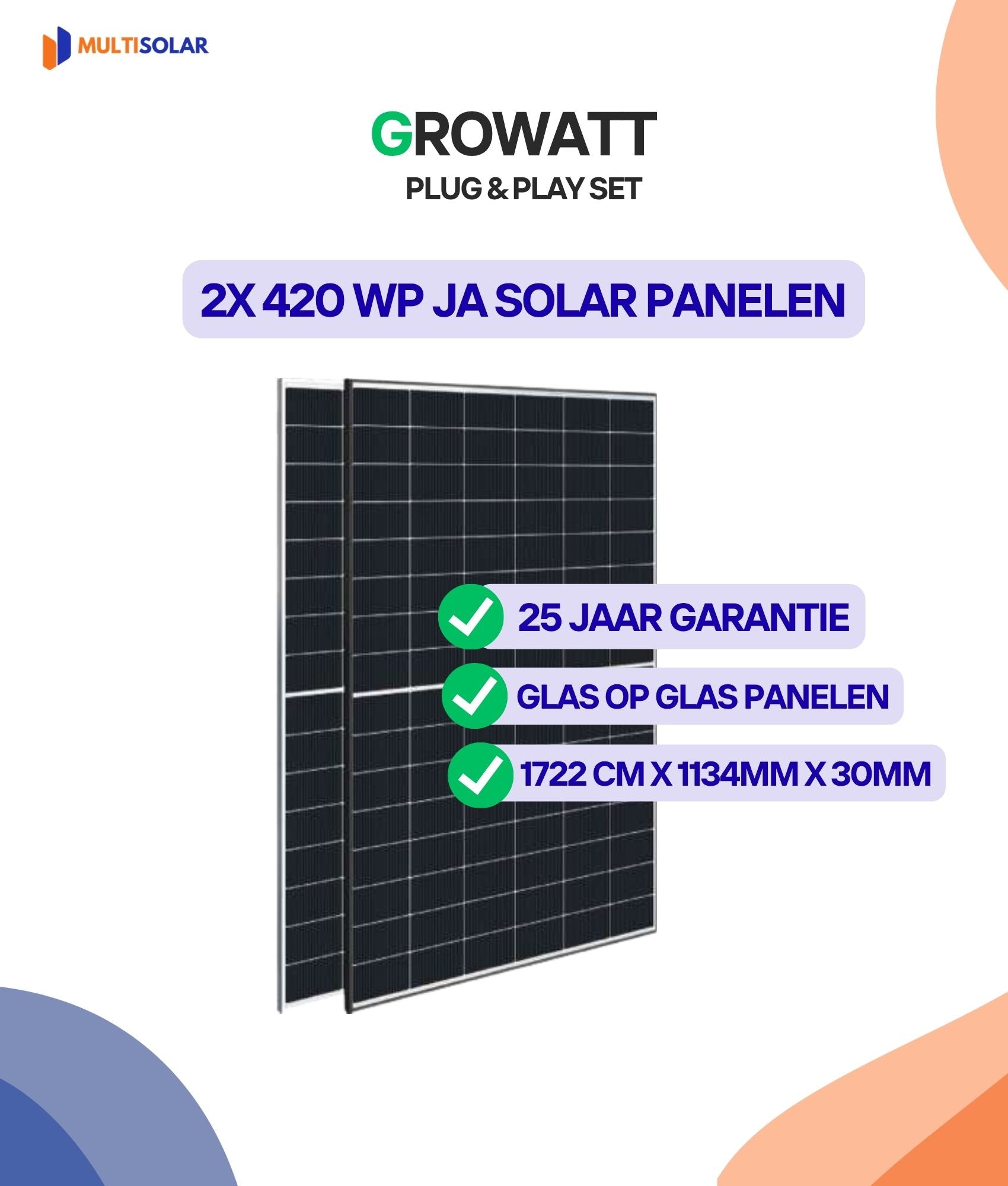 Plug en Play Growatt Zonnepaneel Pakket – 2 Panelen | JA-Solar| ASTRO | (420 of 450 Wp) Glas-Glas | Growatt Micro-Omvormer | Doe-het-Zelf Stopcontact
