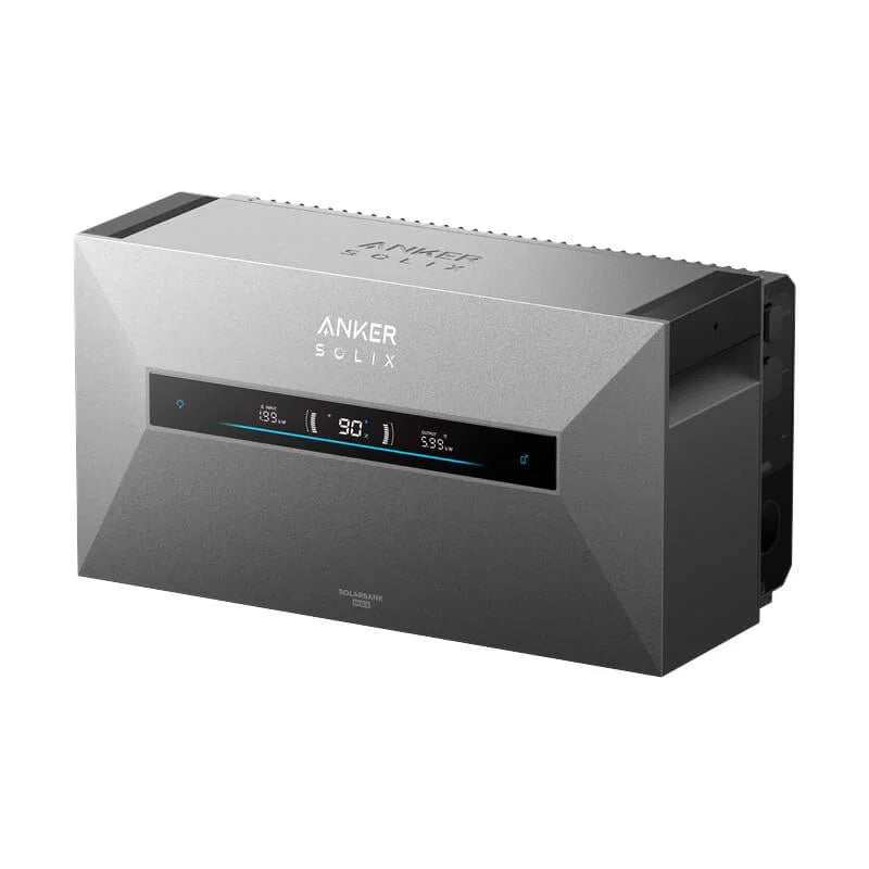 Anker SOLIX Solarbank Max AC stekkerbatterij 7 kWh, schuin vooraanzicht met display