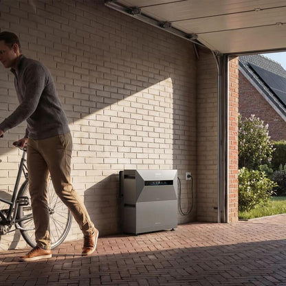 Anker SOLIX Solarbank Max AC stekkerbatterij 7 kWh, geplaatst in de garage