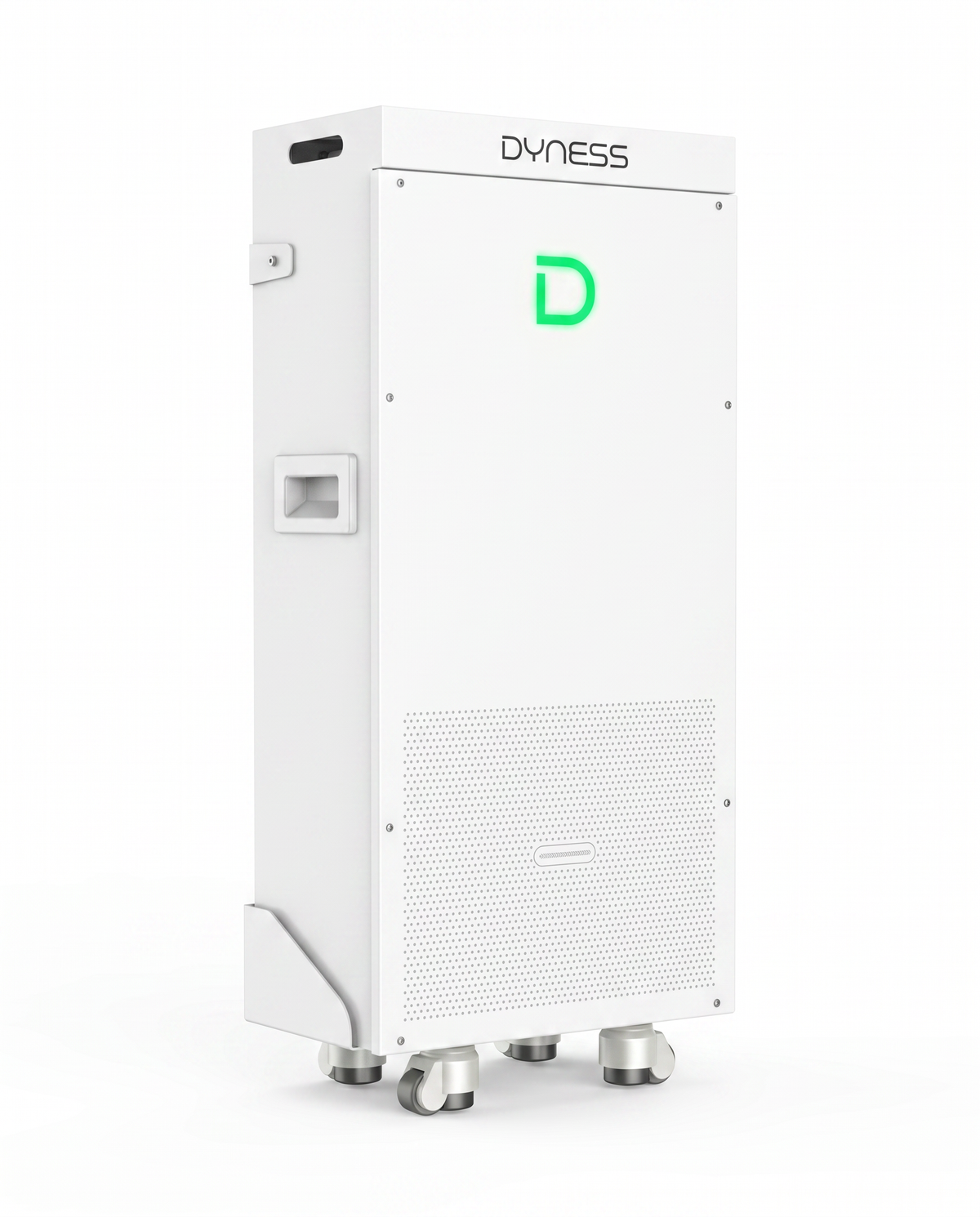 Dyness PowerBrick Plus thuisbatterij 16,07 kWh, schuin vooraanzicht op wielen