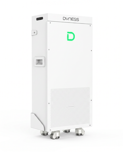 Dyness PowerBrick Plus thuisbatterij 16,07 kWh, schuin vooraanzicht op wielen