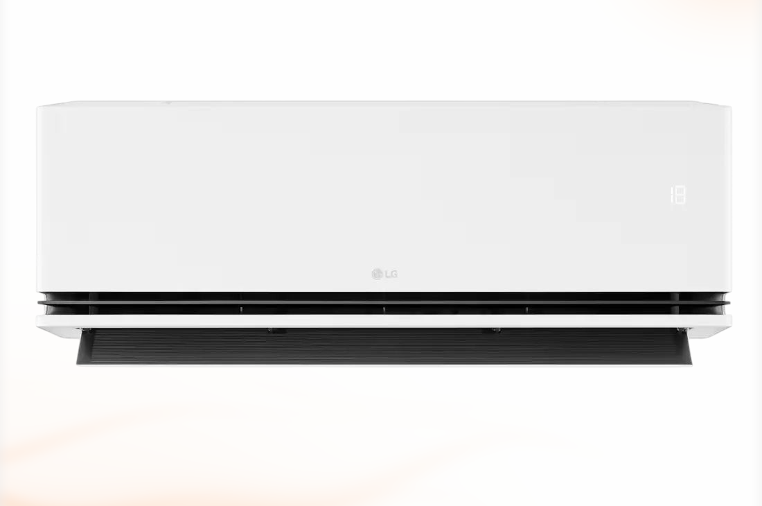 LG Deluxe DM07S0DA binnenunit 2,1 kW, recht vooraanzicht, luchtuitlaat open
