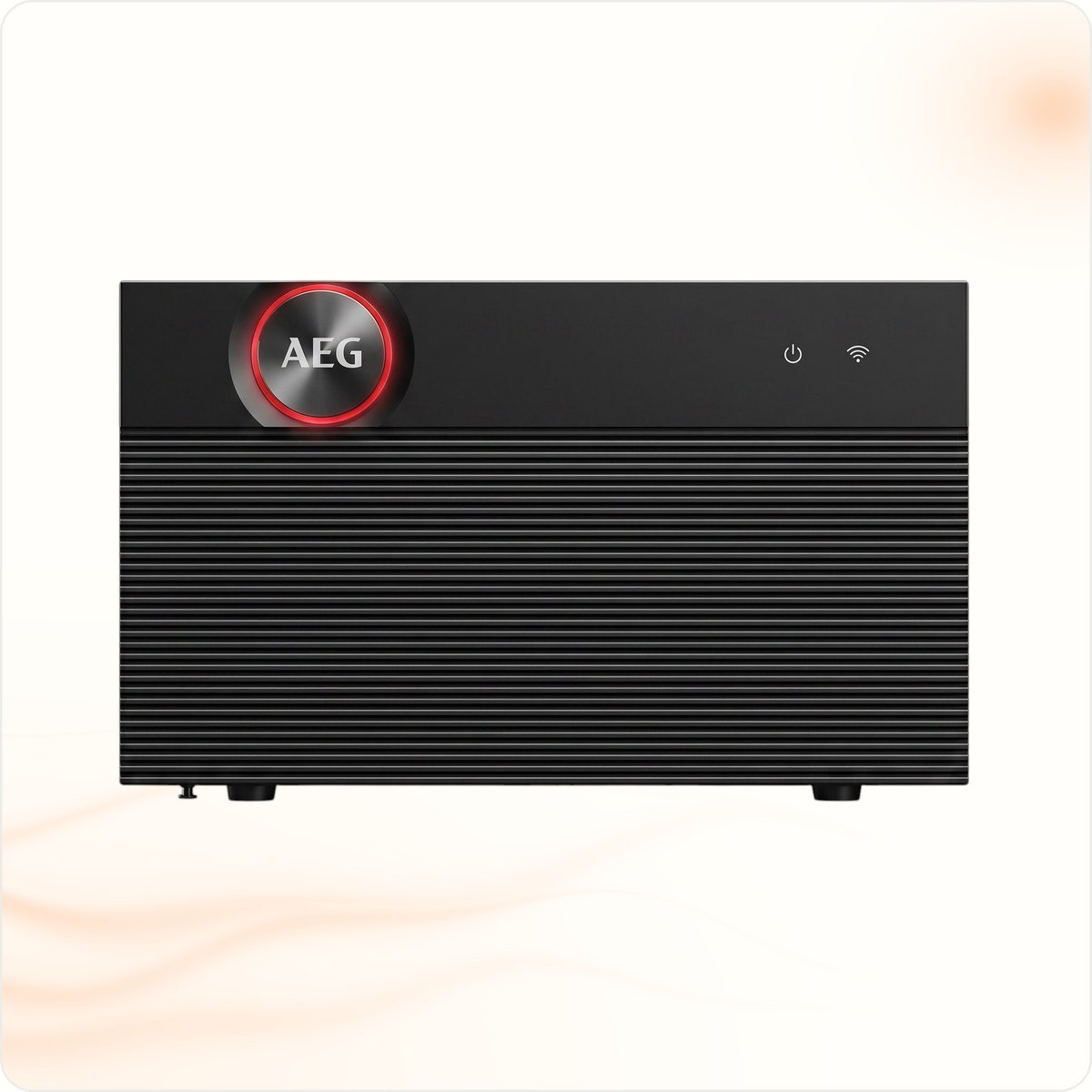 Multi Solar AEG Solarcube Pro 6.0 kWh plug and play home battery with black ribbed casing and glowing red power button