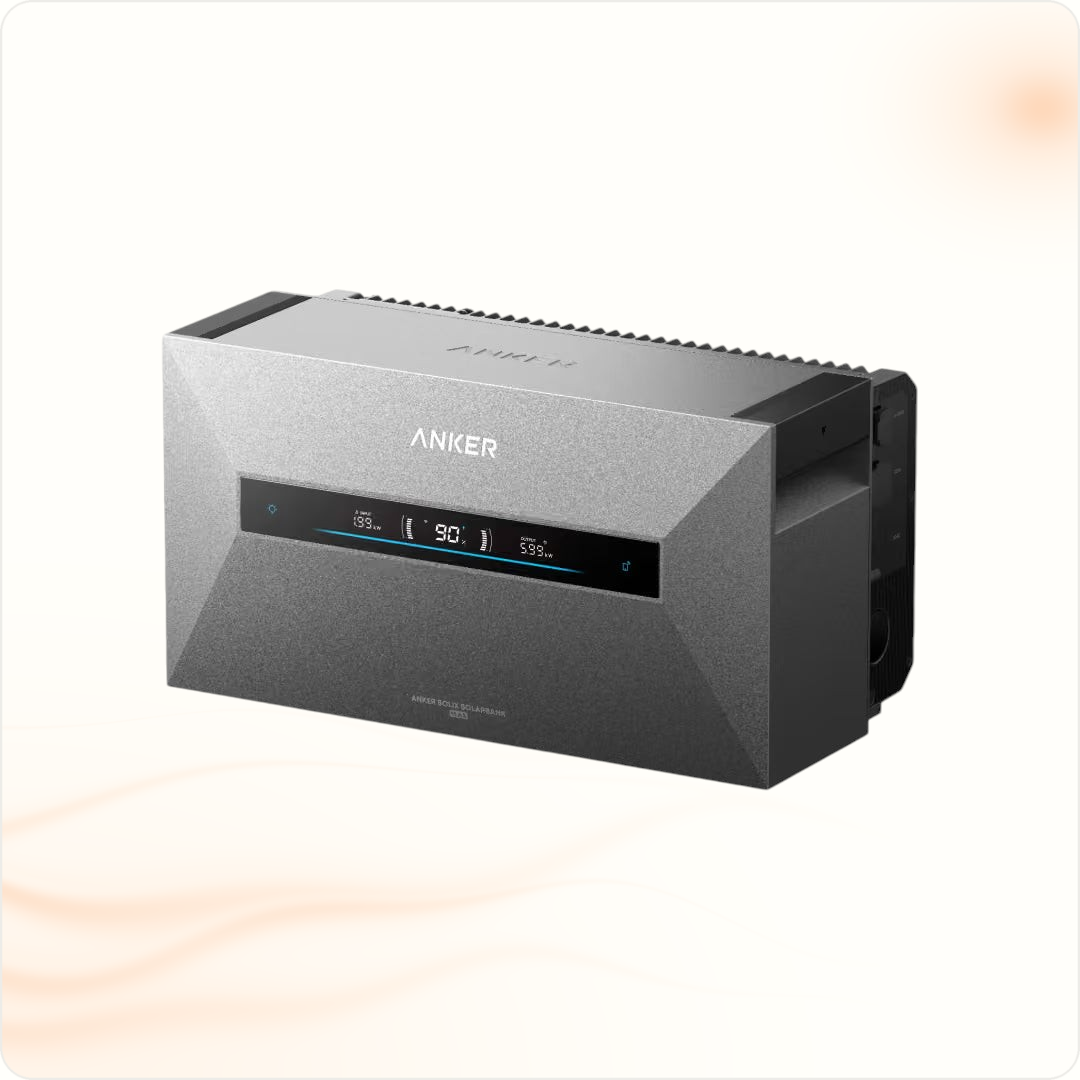 Multi Solar Anker SOLIX Solarbank Max home battery unit with digital display showing energy status and capacity.