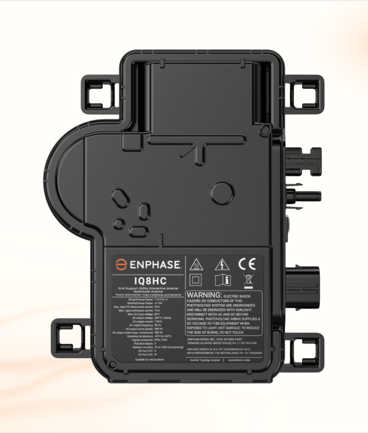 Multi Solar Enphase IQ8HC micro-inverter with black weather-resistant housing for solar energy systems