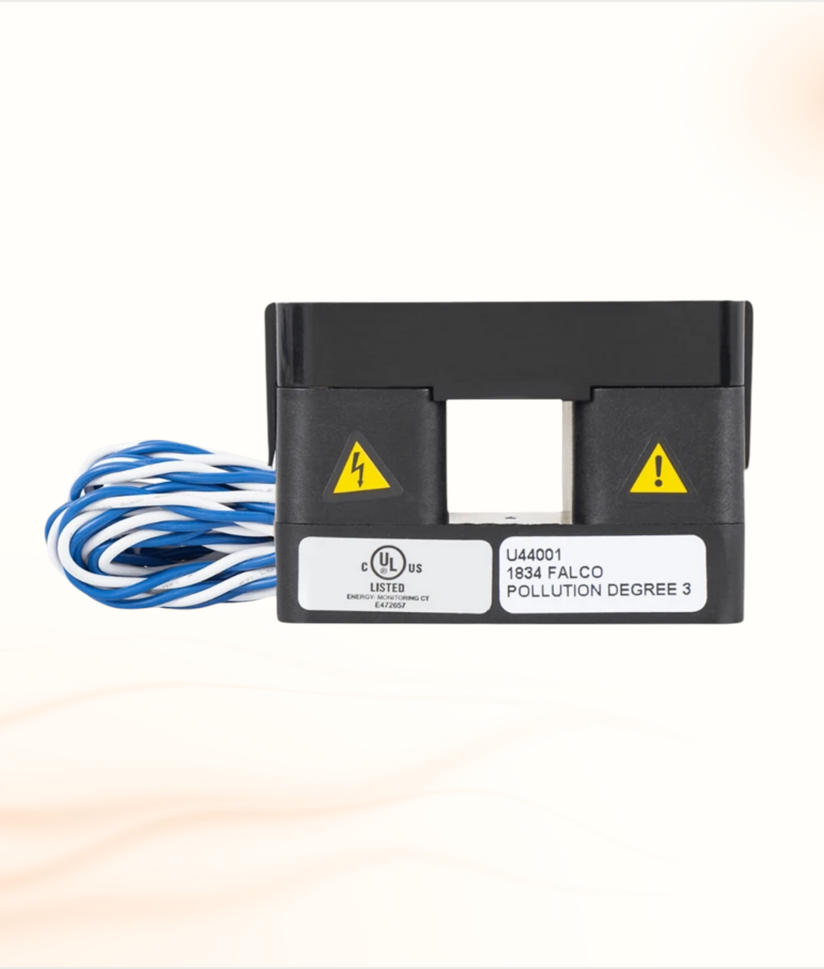 Multi Solar Enphase current transformer for Envoy-S Metered systems with black casing and blue and white wiring.