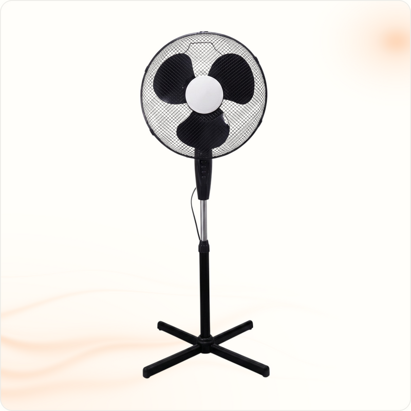 Multi Solar Hausberg HB-5100NG black pedestal fan with 40 cm diameter, 3 speed settings, and adjustable height stand.