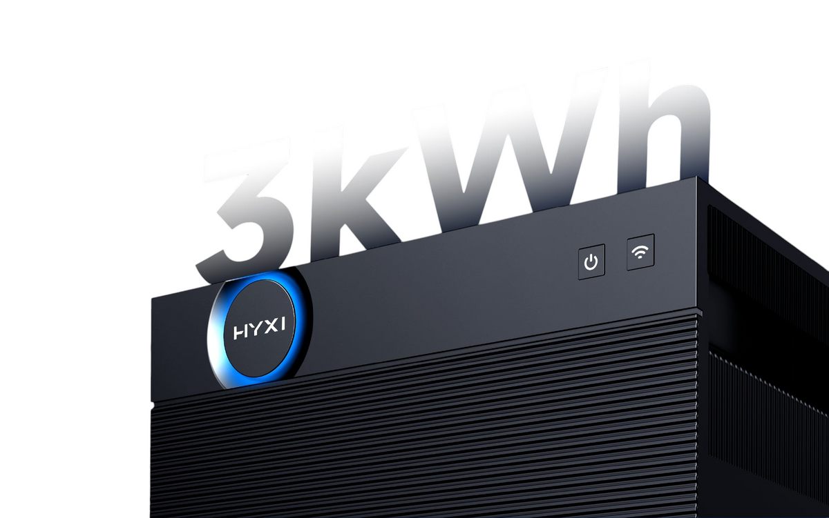 Multi Solar HYXi HALO modular home battery unit with 3kWh capacity and glowing blue status indicator light