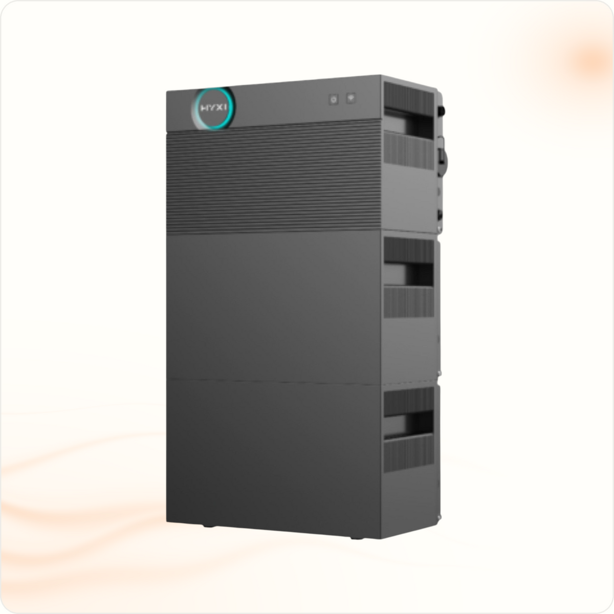 Multi Solar HYXi HALO modular home battery system in dark grey with a glowing circular indicator light