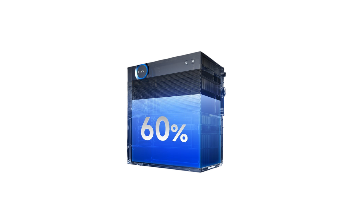 Multi Solar HYXi HALO modular home battery unit showing a 60 percent charge level with a sleek blue glowing display.