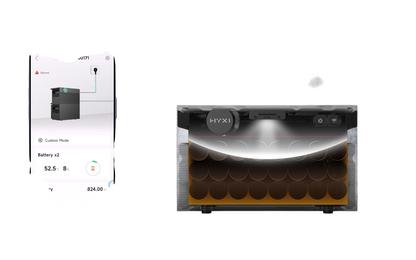 Multi Solar HYXi HALO modular home battery system with app interface showing battery status and AC plug connection