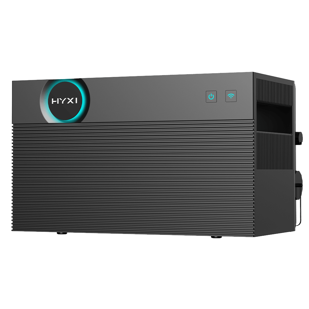 Multi Solar HYXi HALO modular home battery unit with a sleek black ribbed design and glowing blue status indicator.