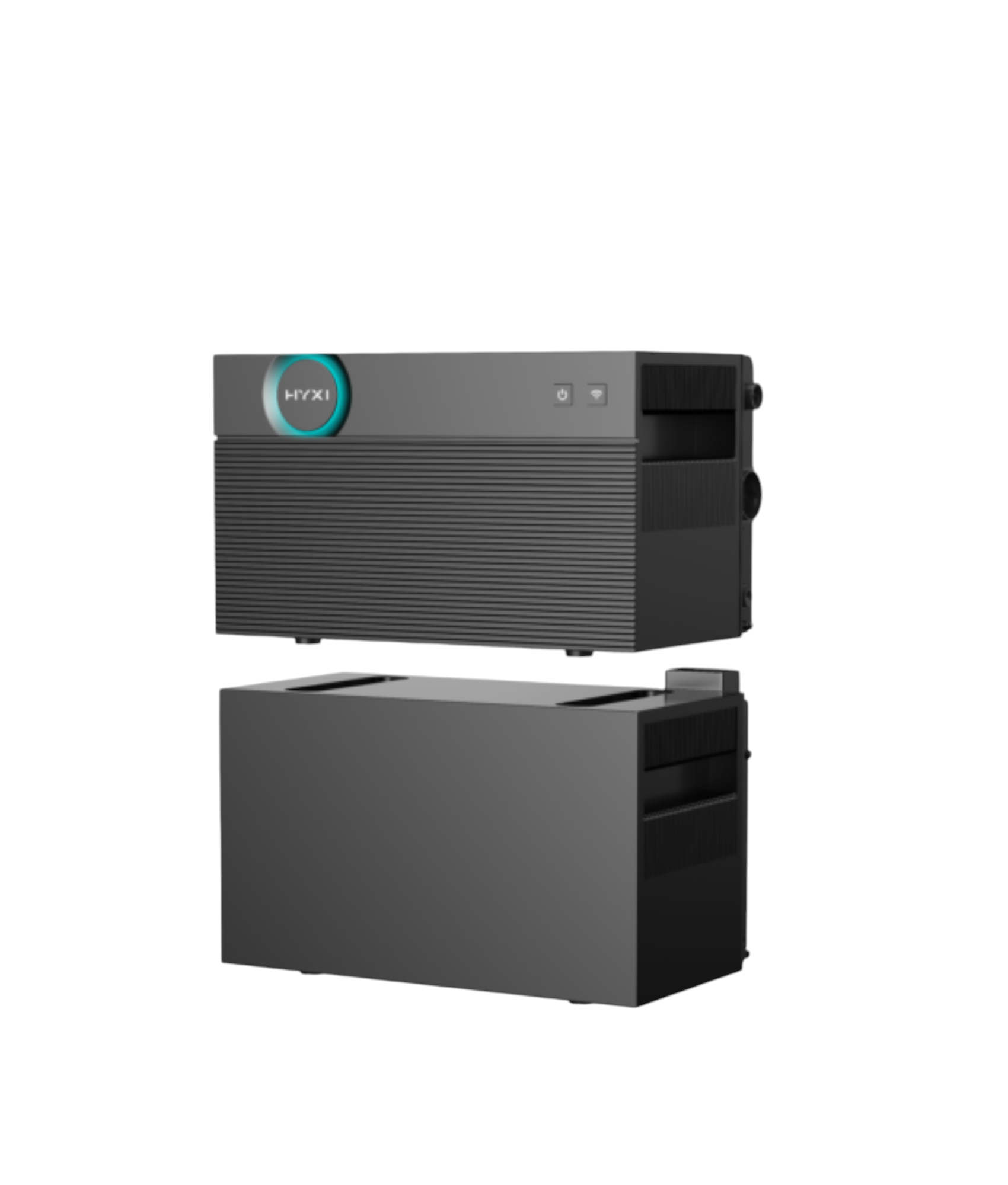 Multi Solar HYXi HALO modular home battery system with black stacked units and glowing blue indicator light