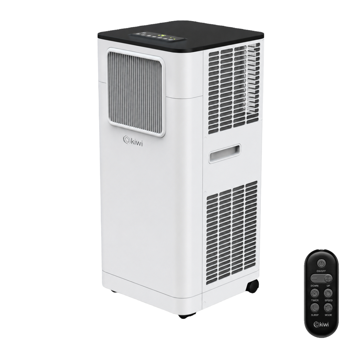 KIWI mobiele airco 9.000 BTU 2,6 kW, schuin vooraanzicht met afstandsbediening