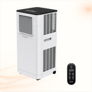 Multi Solar KIWI 9000 BTU portable air conditioner in white with black top, remote control, and ventilation grilles.