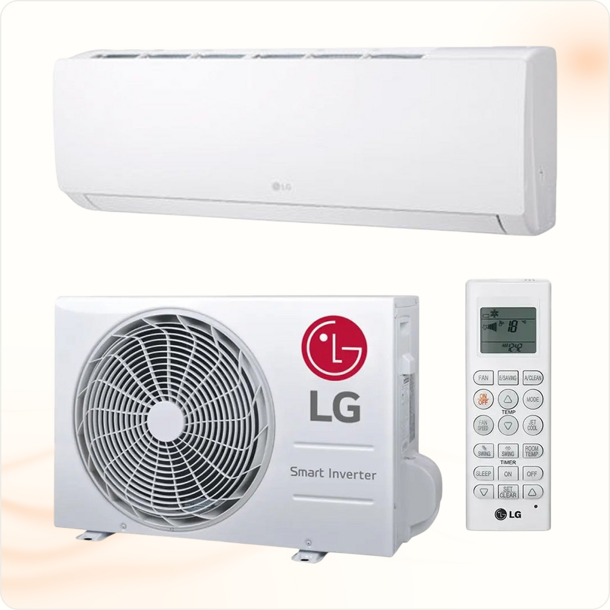 Multi Solar LG W-Model 2.5kW air conditioner set including indoor unit, outdoor inverter unit, and remote control.
