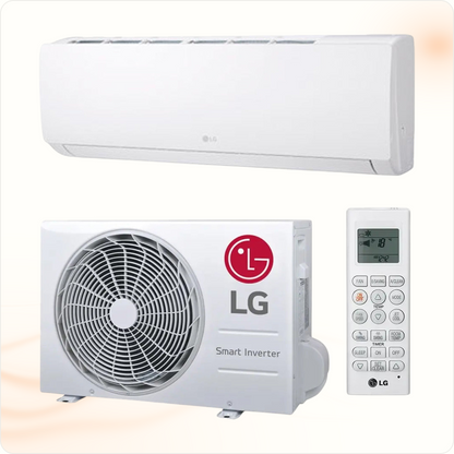 Multi Solar LG W-Model 2.5kW air conditioner set including indoor unit, outdoor inverter unit, and remote control.