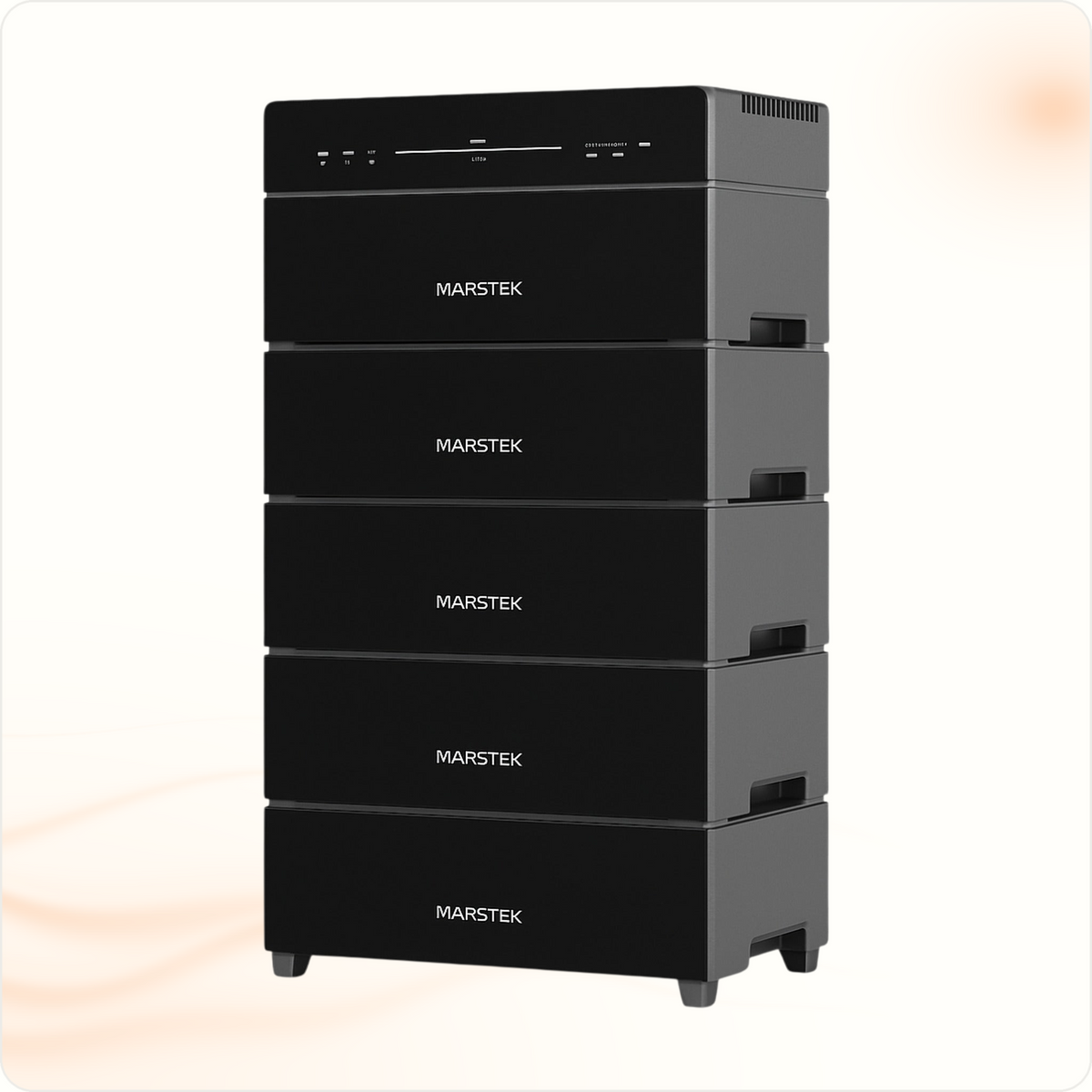Multi Solar Marstek Venus A 10.6 kWh modular home battery system with five stacked black LiFePO4 storage units.