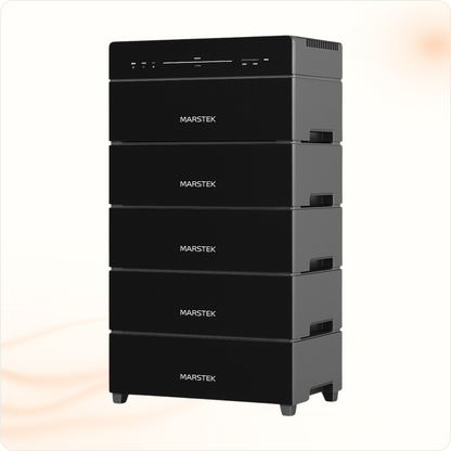 Multi Solar Marstek Venus A 10.6 kWh modular home battery system with five stacked black LiFePO4 storage units.