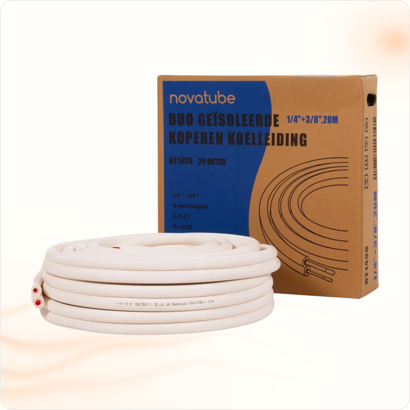 Multi Solar NovaTube duo insulated copper refrigerant line kit for air conditioning systems with 1/4 and 3/8 inch pipes.