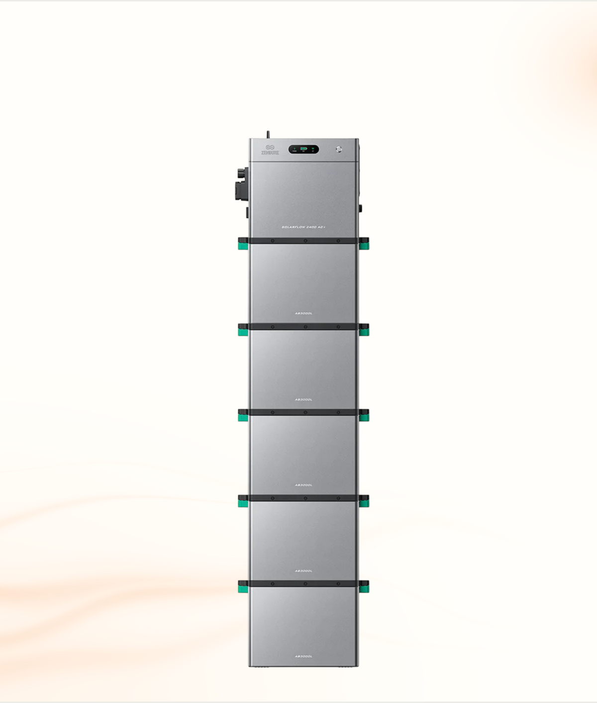 Multi Solar Zendure SolarFlow 2400 AC+ modular home battery system with five stacked AB3000L units in silver grey