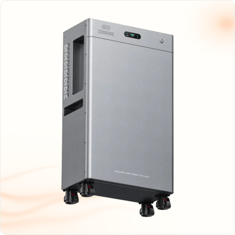 Multi Solar Zendure SolarFlow 3000 Mix AC+ 8 kWh home battery unit in a sleek silver finish with integrated wheels.