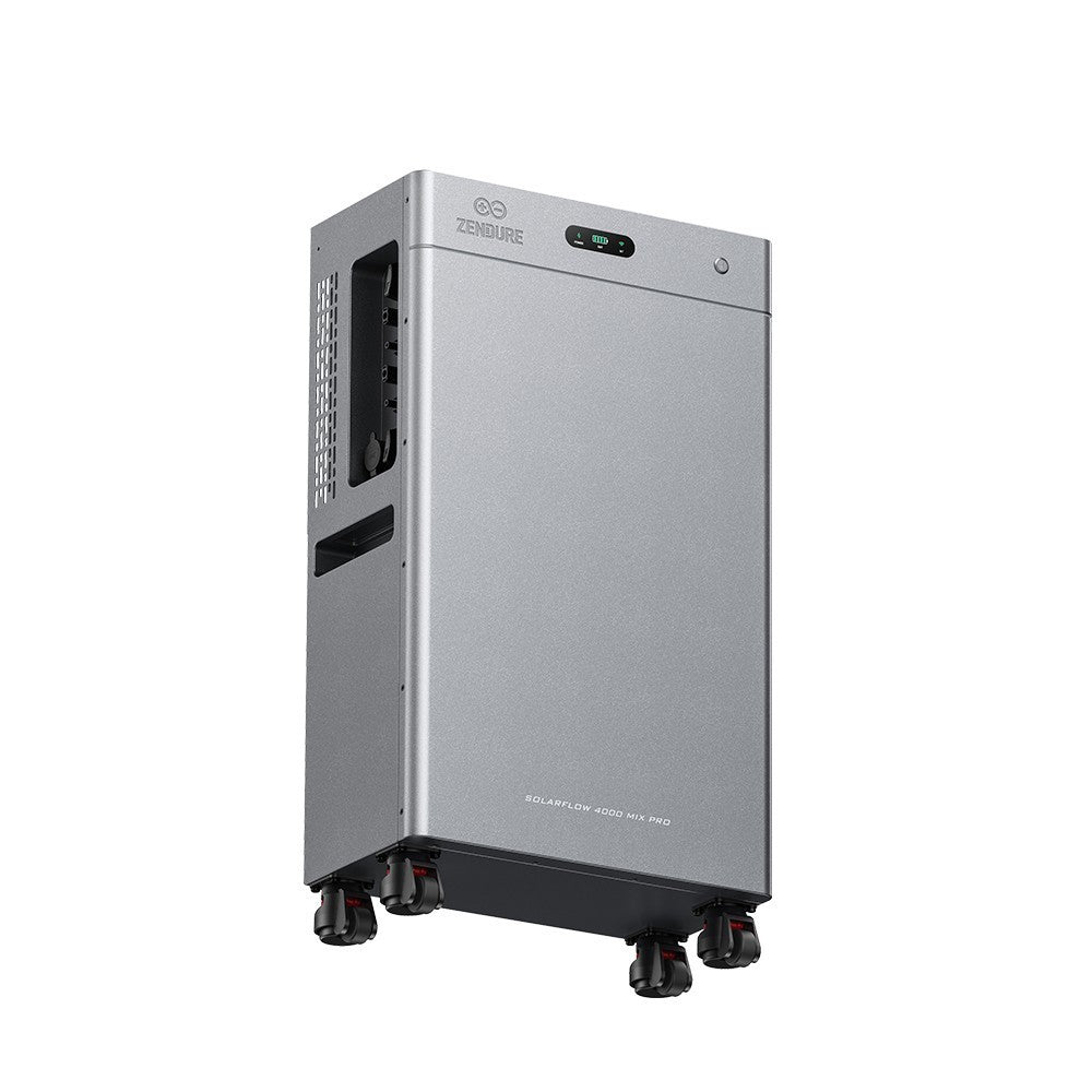 Multi Solar Zendure SolarFlow 4000 Mix AC+ home battery unit in silver with wheels for modular energy storage.
