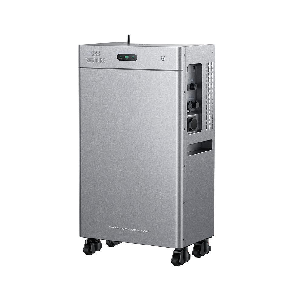 Multi Solar Zendure SolarFlow 4000 Mix AC+ home battery unit in silver with wheels and side connection ports.