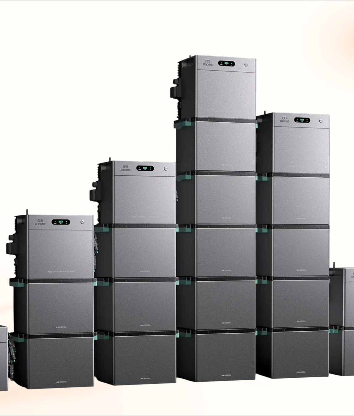 Multi Solar Zendure SolarFlow 2400 AC+ modular home battery system with stacked AB3000L units in grey finish