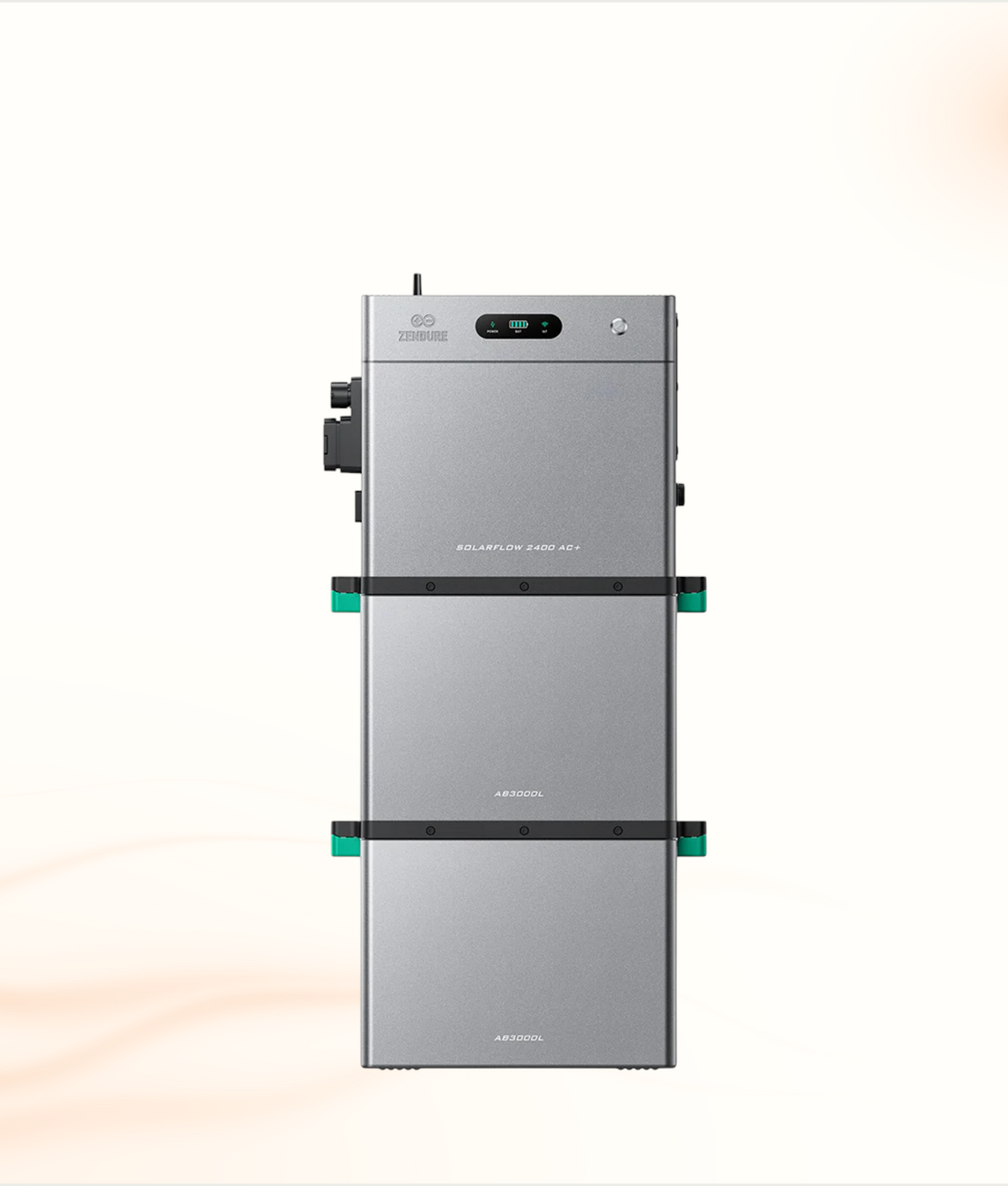 Multi Solar Zendure SolarFlow 2400 AC+ modular home battery system with stacked AB3000L units in silver finish