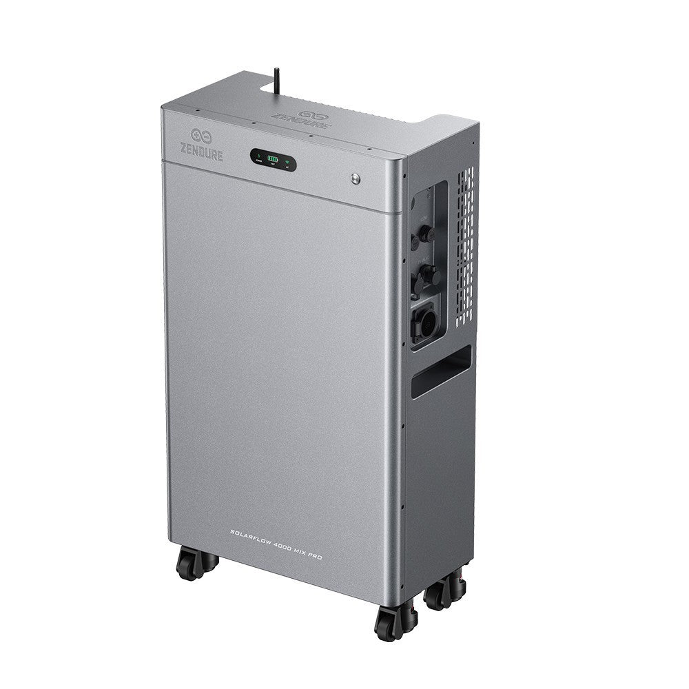 Multi Solar Zendure SolarFlow 4000 Mix AC+ home battery system in silver with a sleek, portable design on wheels.